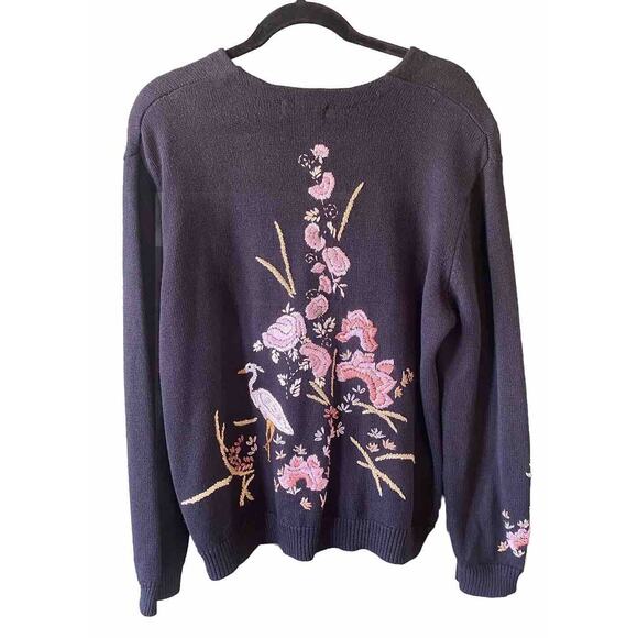 Knit Cardigan Womens Large Vintage Granny Floral Embroidered Twee Black Sweater - Picture 1 of 12